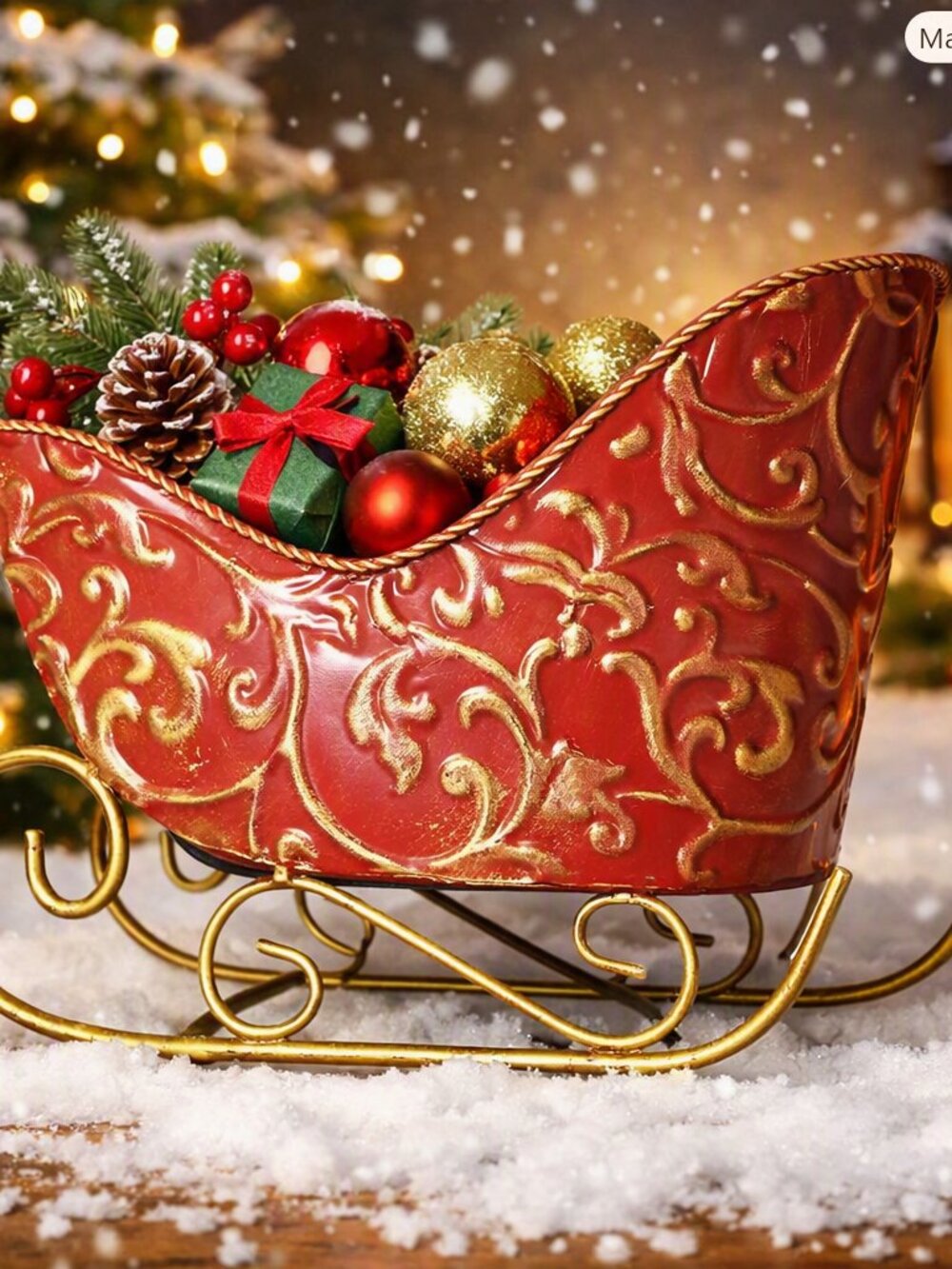 Decorative Red Gold Christmas Sleigh Centerpiece Embossed Scroll Holiday Decor